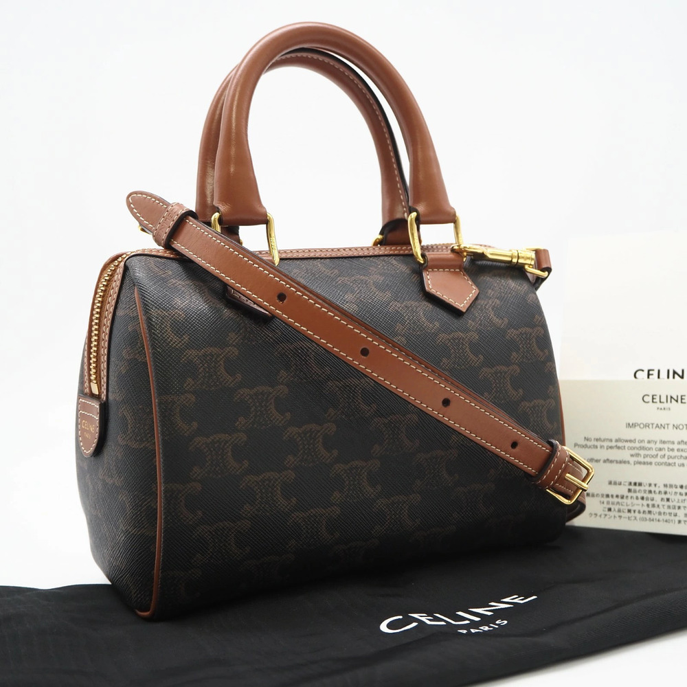 Celine Triomphe canvas calfskin Boston bag tan Handbag brown beige leather